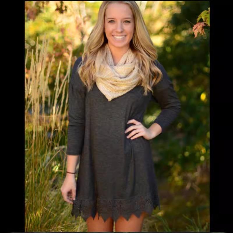 

Женские повседневные серые осенне-зимние кружевные свободные платья с длинным рукавом XL серый