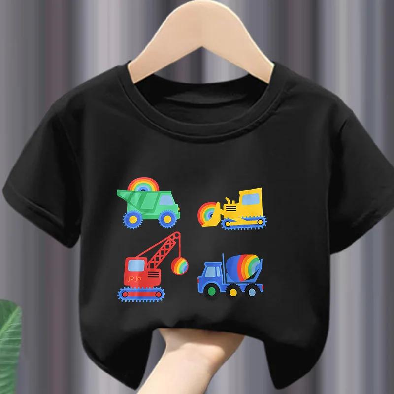 New Boys Tshirt Europeanstyle Childrens Engineering Car Printed Sweatshirt with Short Sleeves Soft Polyester Fabric  Summer