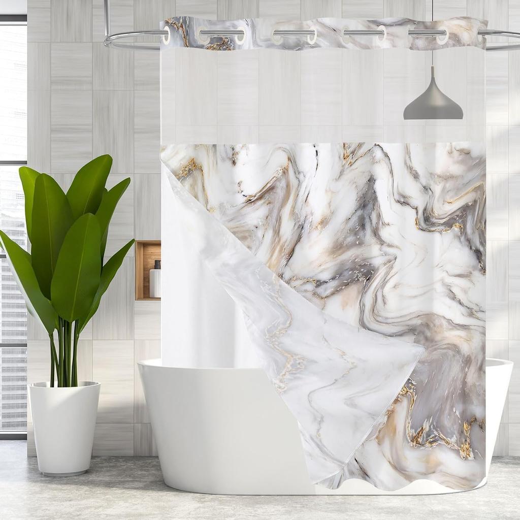 No Hooks Needed Marble Shower Curtain Set with Snap-in Liner, Modern Abstract Shower Curtains for Luxury Hotel Grade Spa-Like Bathroom Decor