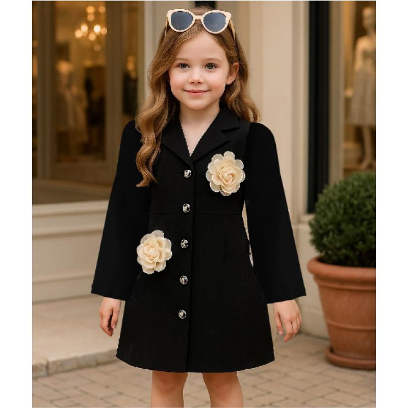 Girls Fashion Suit Collar Dress Rose Pink Puff Sleeves + 3D Flowers Sweet Dress for Older Children