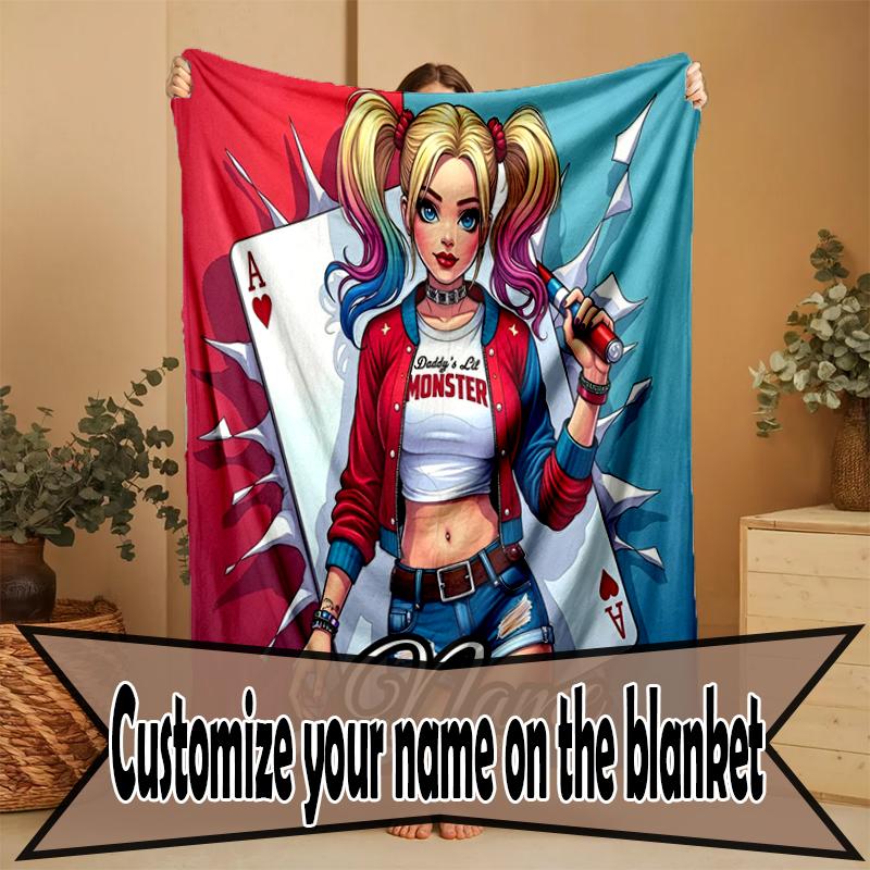 Custom Name Personalized Harley Quinn Joker Print Blanket, Home Decor, Bedroom, Sofa, Camping, Couch, Gifts for Birthday Christmas