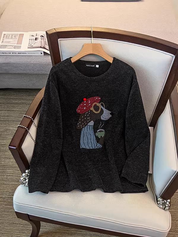 2026 Spring Women's Plus Size Dog Print Round Neck Hoodie, Long Sleeve Pullover, Extra Large 300 Jin Size.