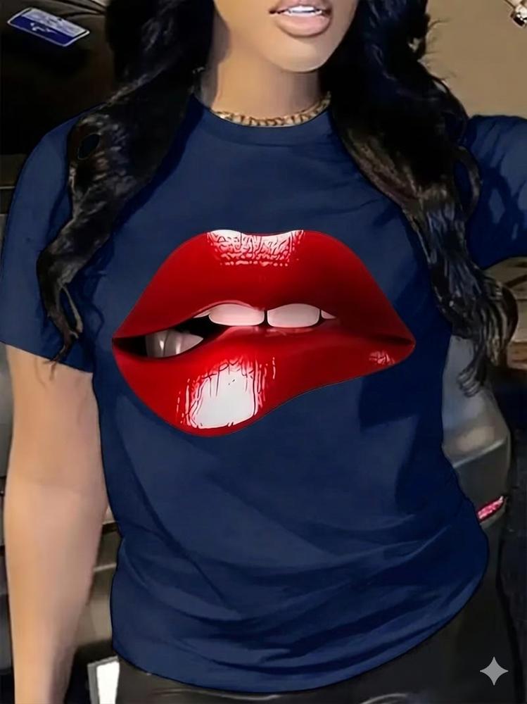 Unisexs Red Lip Print T Shirt Sexy Short Sleeve Casual Crew Neck Tee Shirt
