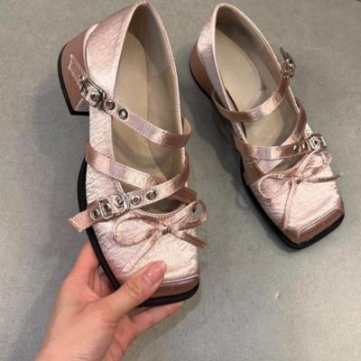 Fashion Summer Square Heel Shoes Women's Fashion Square Head Shallow Cut Satin Butterfly Knot Rivets Metal Buckle Non-slip Kitten Heels