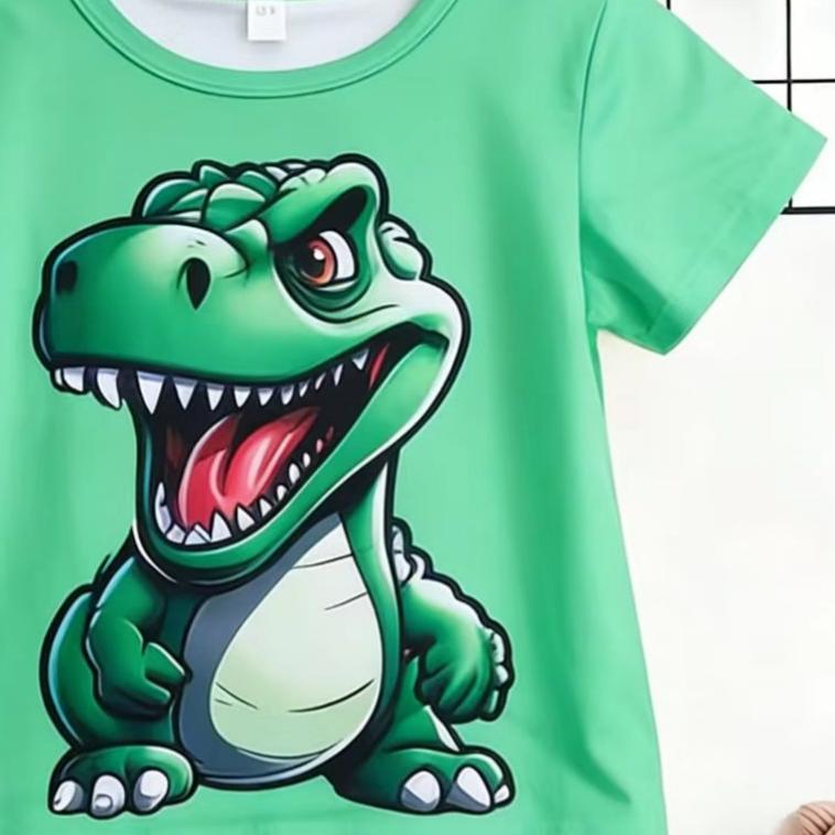Toddler Boys Cartoon Dinosaur 2 Piece Outfit, Summer Short Sleeve Set for Kids, Comfortable Playwear & Daily Clothes