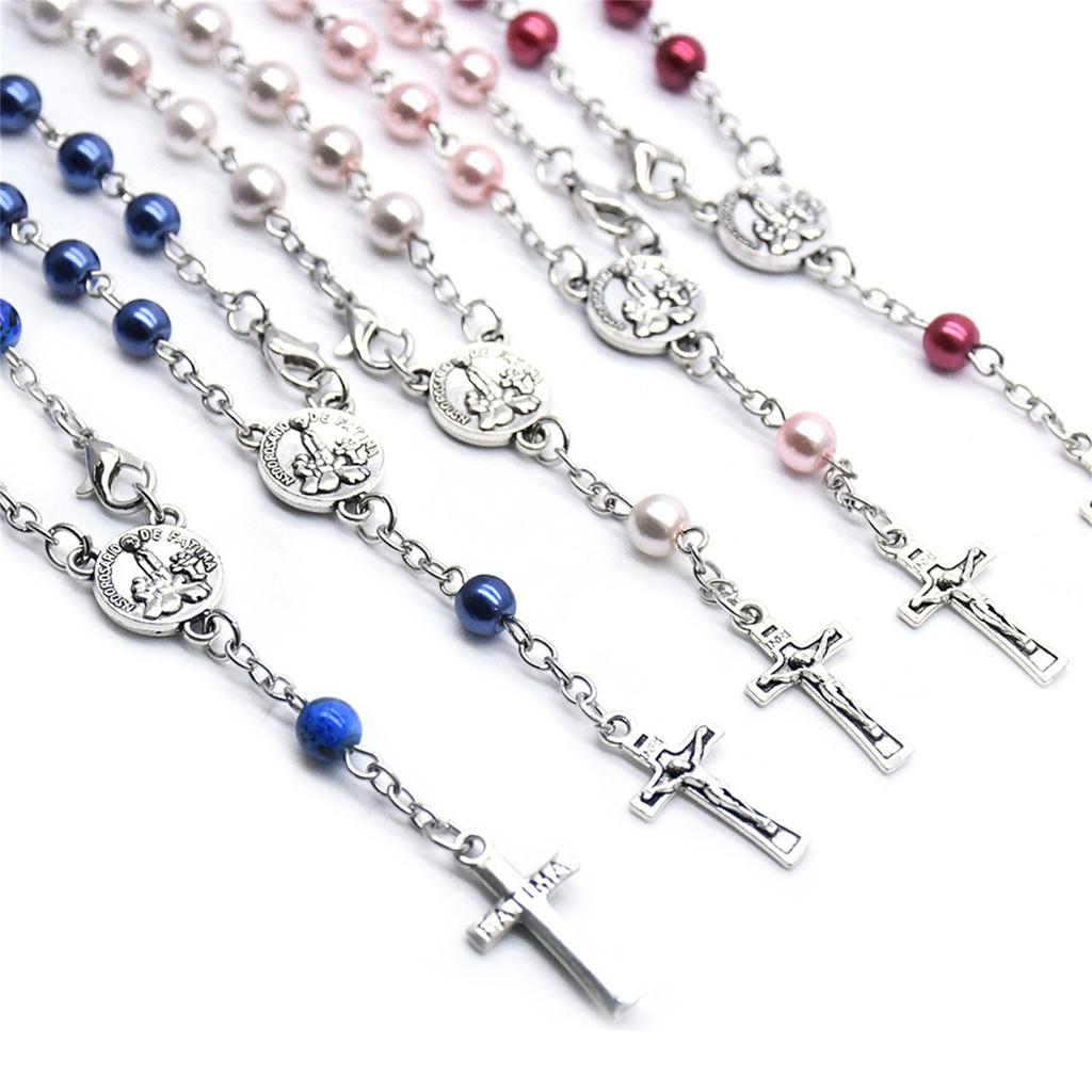 Glass Pearl Beads Rosary Bracelet Catholic Cross Pendant Finger Chain Religious Jewelry for Women Prayer Communion Gift