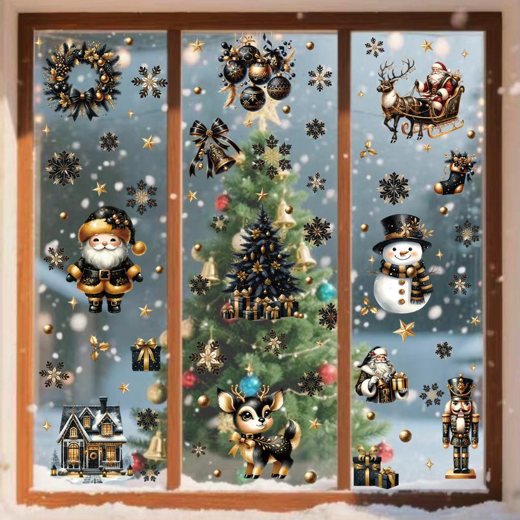 4/9 Sheets Christmas Stickers Removeable Window Cling Sticker Black Gold Cartoon Double-Sided No-Glue Santa Claus Snowflake Xmas