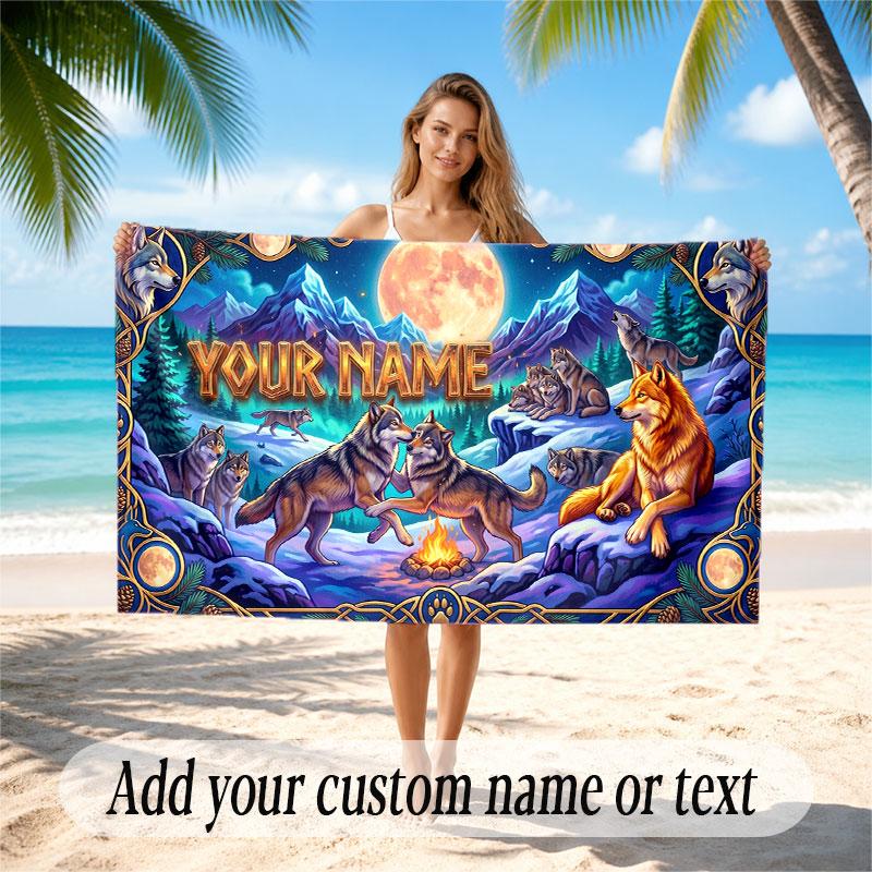 Wolf Theme Beach Towel Personalized Custom Name & Text Soft Quick Dry Beach Towel for Swimming Travel