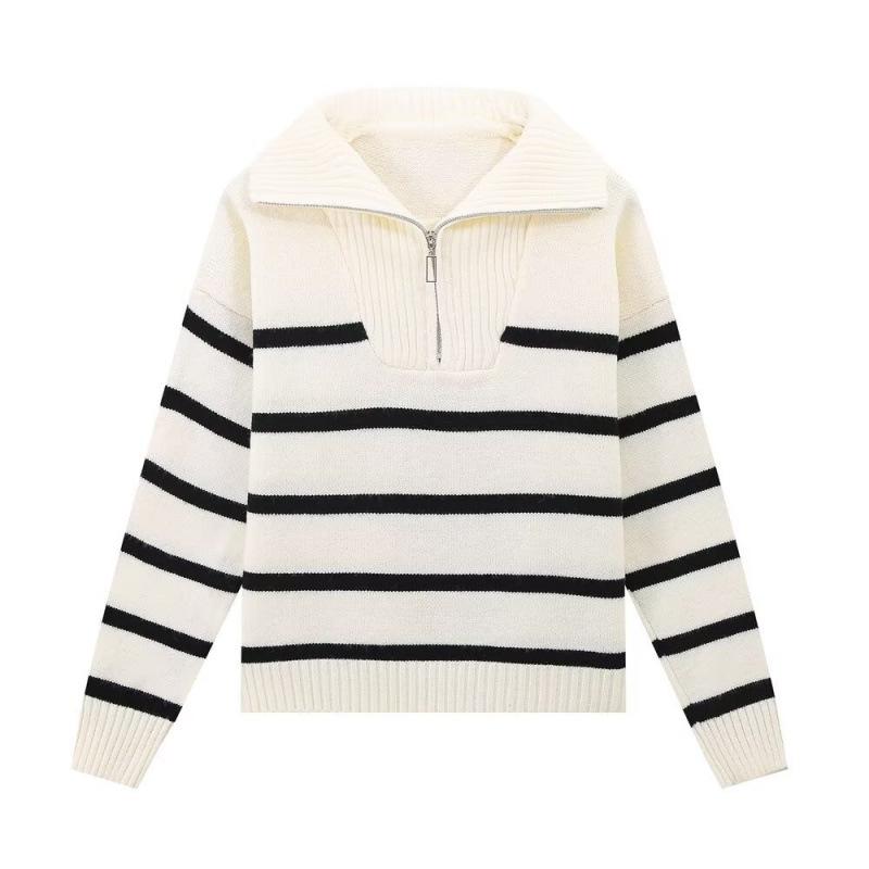 

Autumn Retro Women s Striped Lapel Zipper Sweater - Casual European & American Street Fashion Large брудно-білий