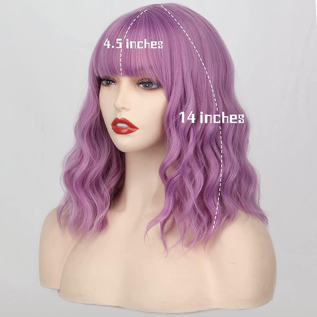 MISSQUEEN Perucă ondulată naturală până la umăr pentru femei cu breton Perucă ondulată violet din fibră sintetică pentru petrecerea cosplay de Halloween
