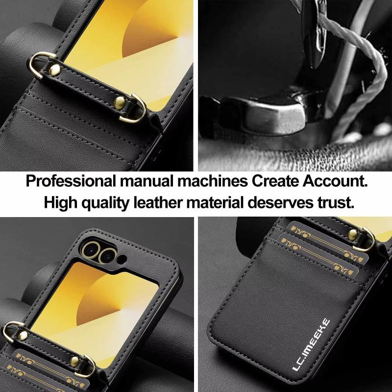 Long Strap Crossbody Leather Case for Samsung Galaxy Z Flip 6 ZFlip 5 4 3 Dual Card Holder Wallet Shockproof Cover with Lanyard