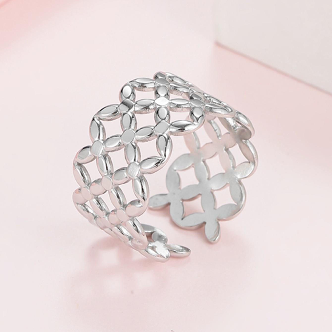 Trendy Women s Hollow Flower Wide Band Gold-Plated Titanium Steel Ring