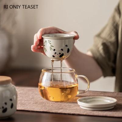 330ml Chinese Hand-painted Panda Ceramic Tea Cup Mug Tea Water Separation Glass Teacup with Strainer Handmade Household Teaware