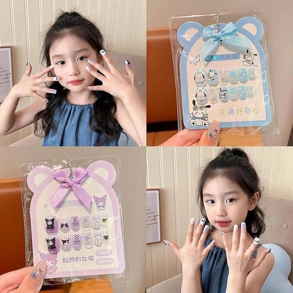 Press On Nails for Kids Girls - Pre-Glued Reusable Artificial Short Nails with Cute Rainbow, Unicorn & Star Designs | Multicolor Fake Nail Set for
