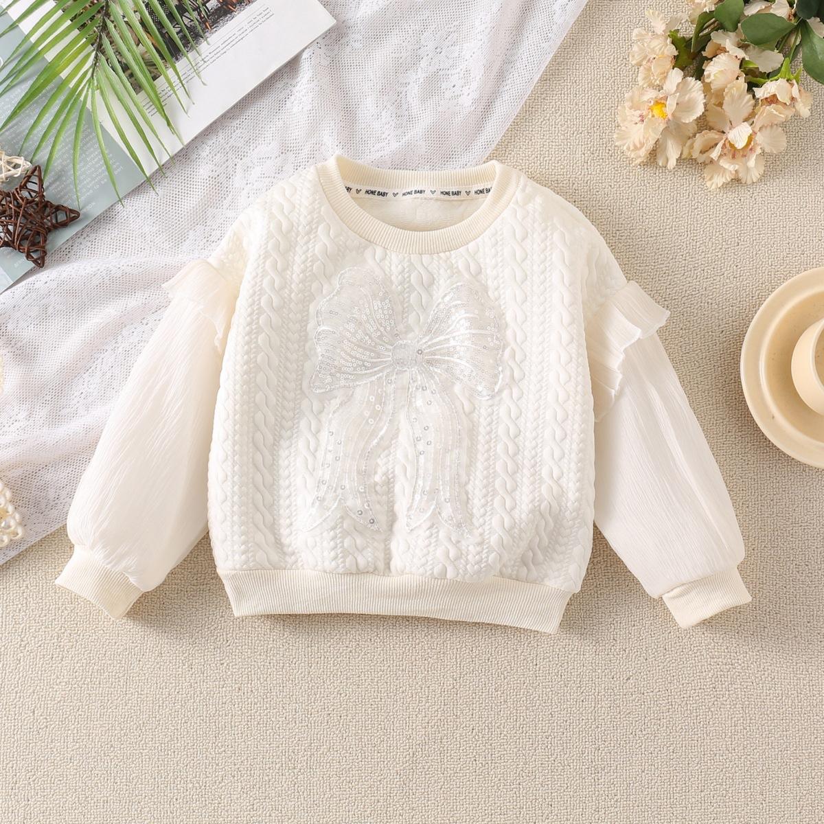 

Белоснежный свитшот с бантом для девочек, весенне-осенняя модная детская одежда, свободные кружевные топы с длинными рукавами и длинными рукавами 120