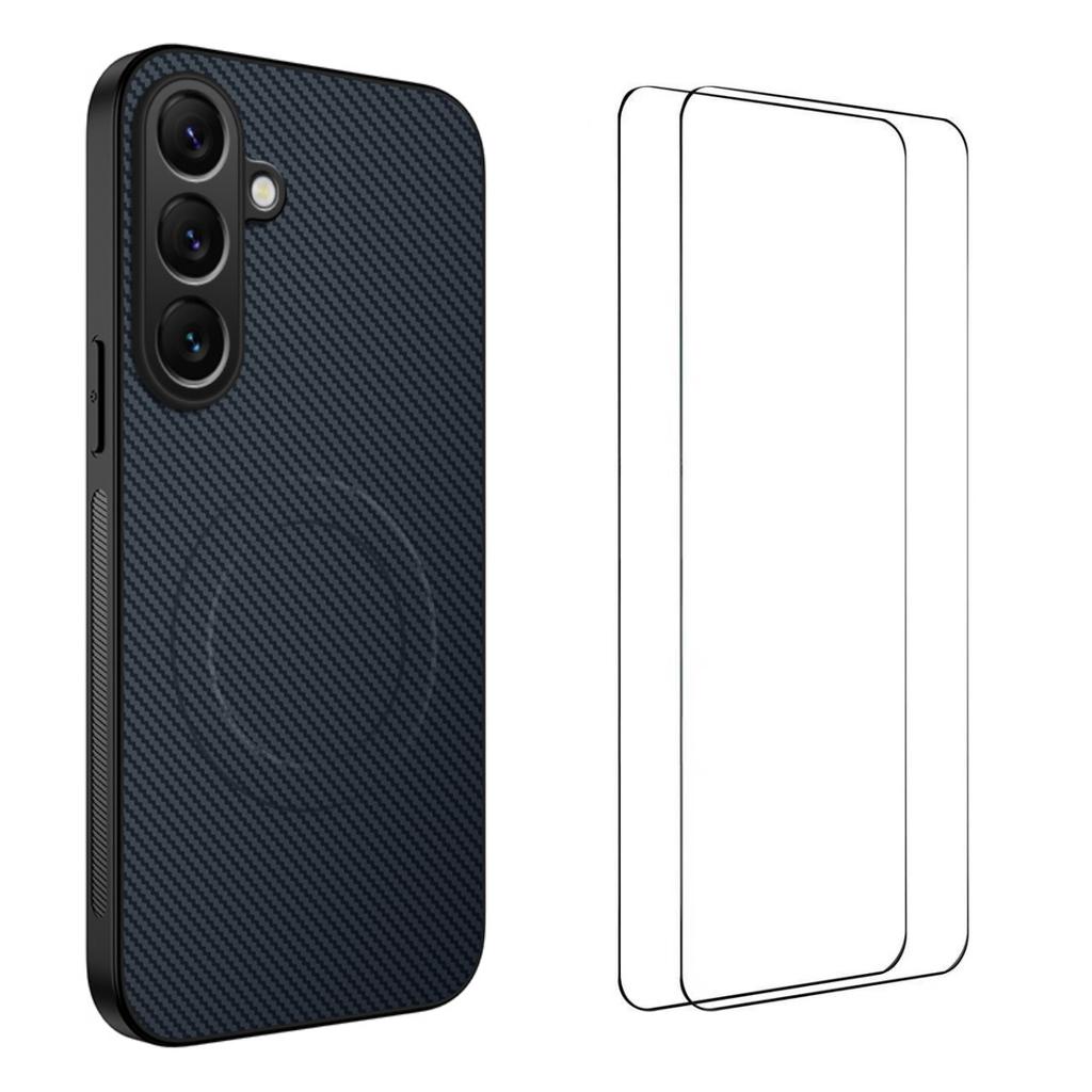 For Samsung Galaxy A17 5G Magnetic Case WANLONFENG TQ1 Series Carbon Fiber Texture PC TPU Phone Cover with 2Pcs Screen Films