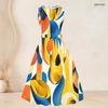 Women Plus Size Two Piece Set Printed 3 4 Sleeve Open Cardigan Sleeveless Round Neck Tie Waist Flared Dress