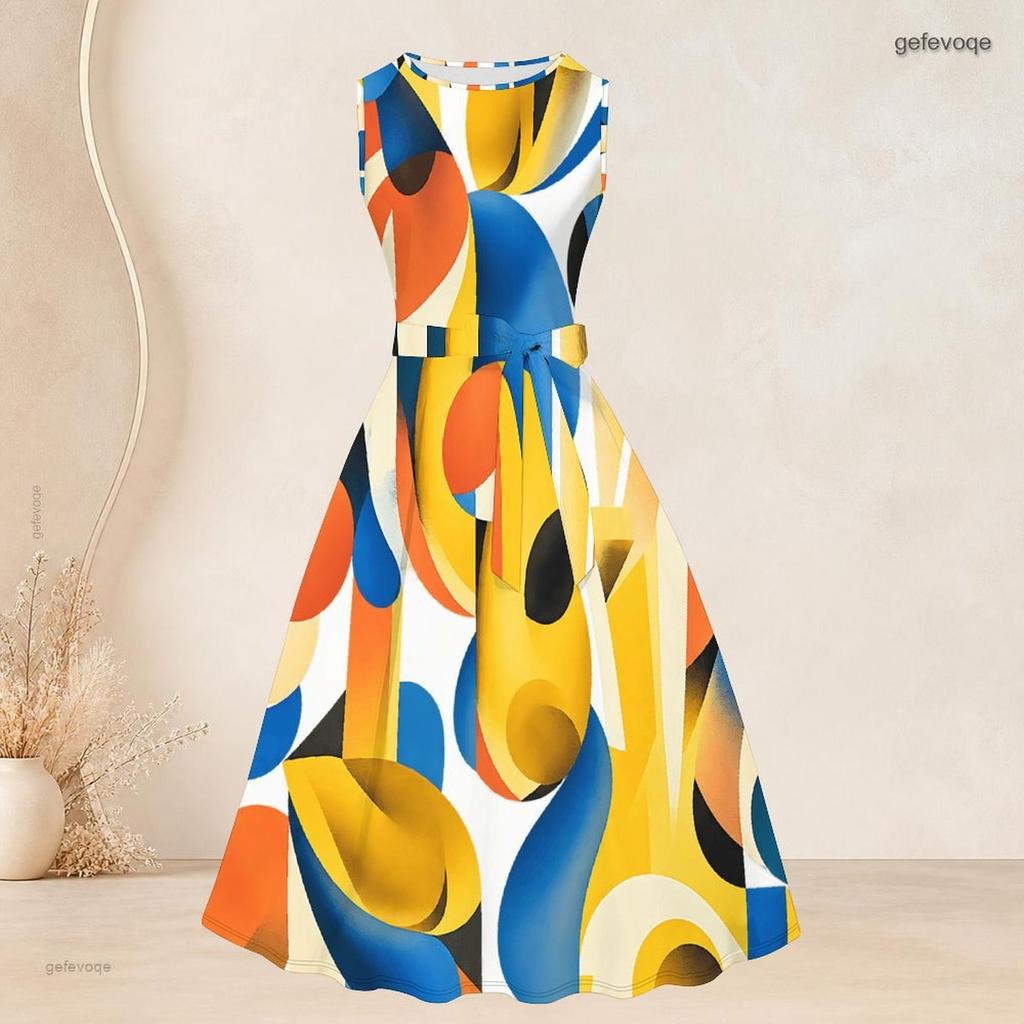 Women Plus Size Two Piece Set Printed 3 4 Sleeve Open Cardigan Sleeveless Round Neck Tie Waist Flared Dress