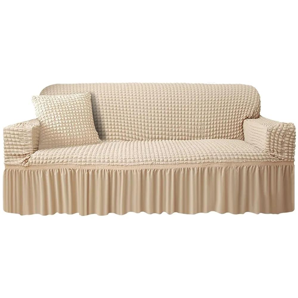 High Elastic Slipcover Bubble Grid Sofa Cover 1/2/3/4 with Skirt Hem Universal Washable All Season Furniture Protector for Pets