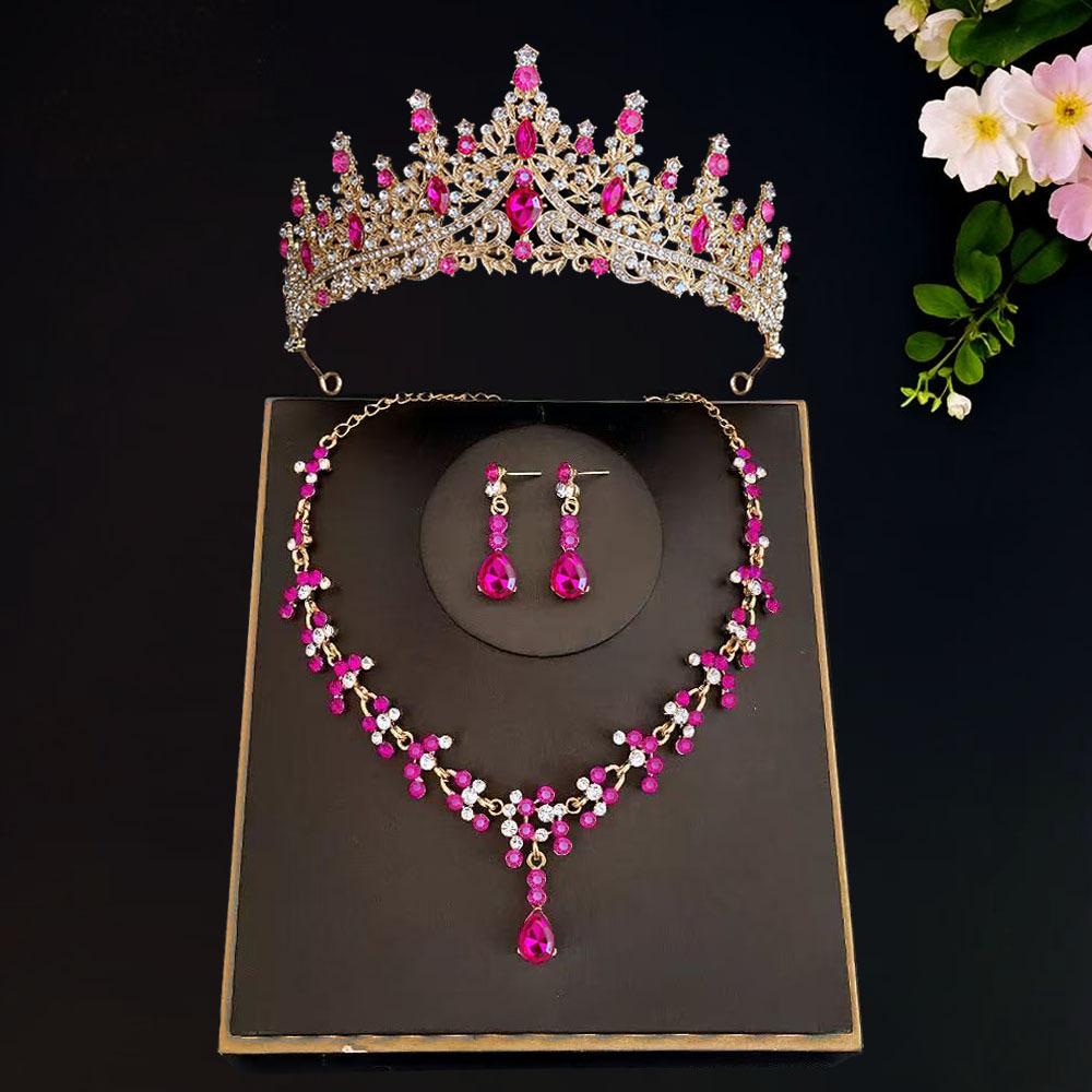 New Bridal Tiara Crown Three Piece Set  Wedding Necklace Earrings Crystal Set  Wedding Accessories
