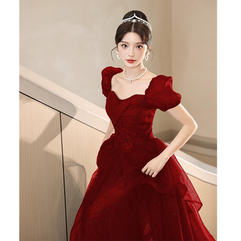 2025 Luxury Red Bridal Toasting Dress: New Style Long Evening Gown for Engagements and Weddings