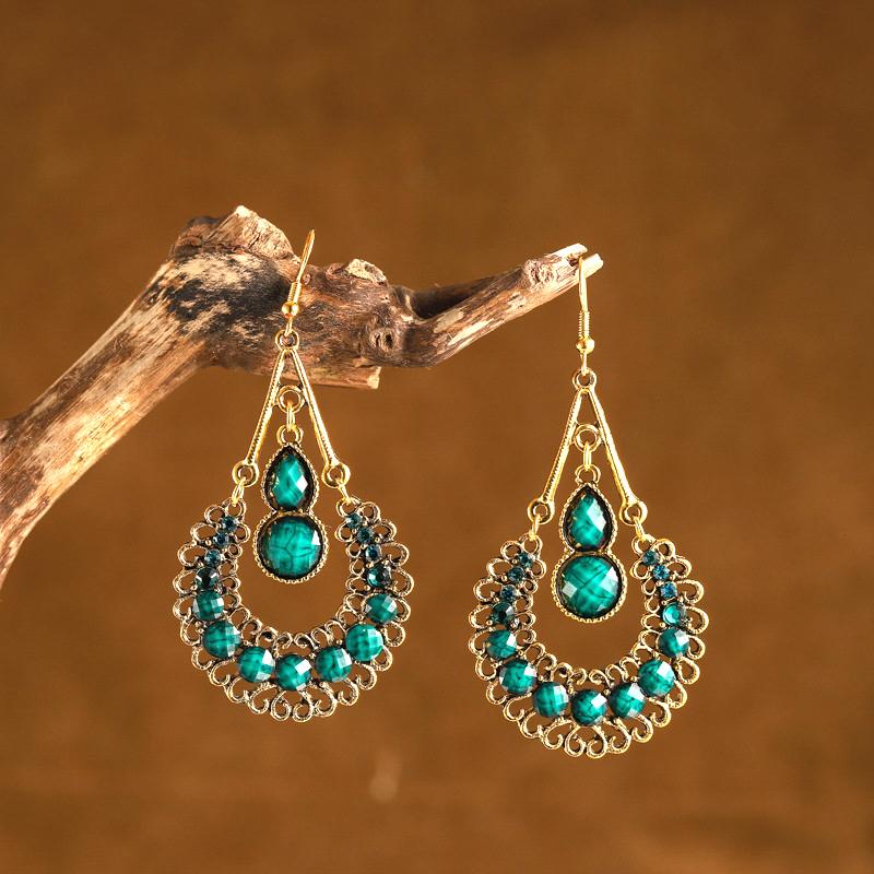 Bohemian Water Drop Vintage Earrings for Women Colorful Acrylic Rhinestone Gold Color Hollow Long Dangle Earrings Jewelry