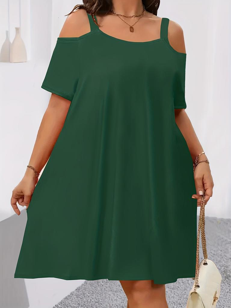 Women Cold Shoulder Short Sleeve Casual Loose Swing Dress with Elastic Neckline