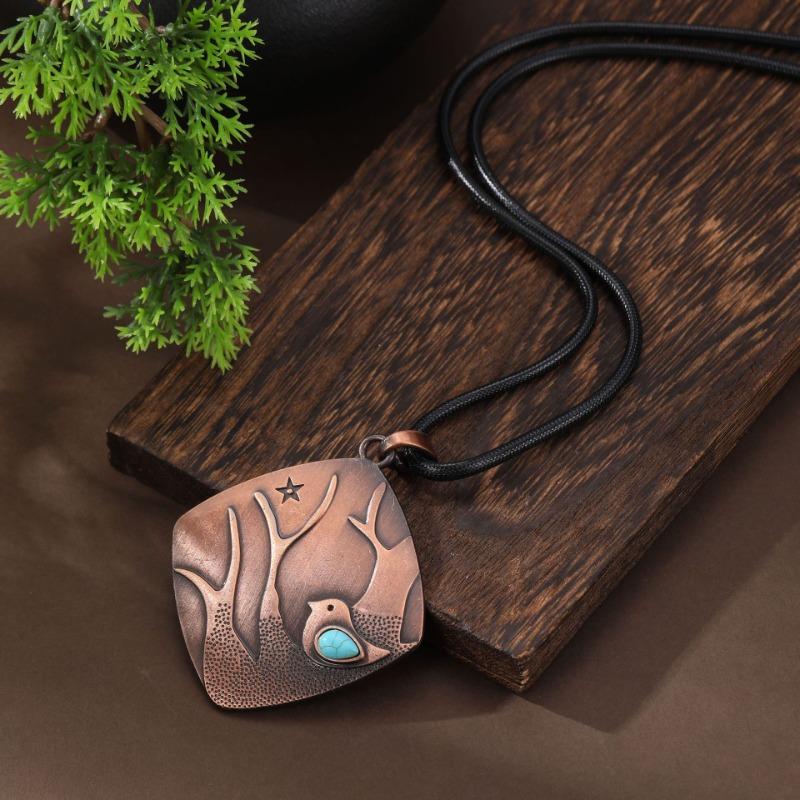 

Новая квадратная птица с инкрустацией бирюзой, кожаный шнурок-подвеска, женское креативное богемное ожерелье с веткой и птицей