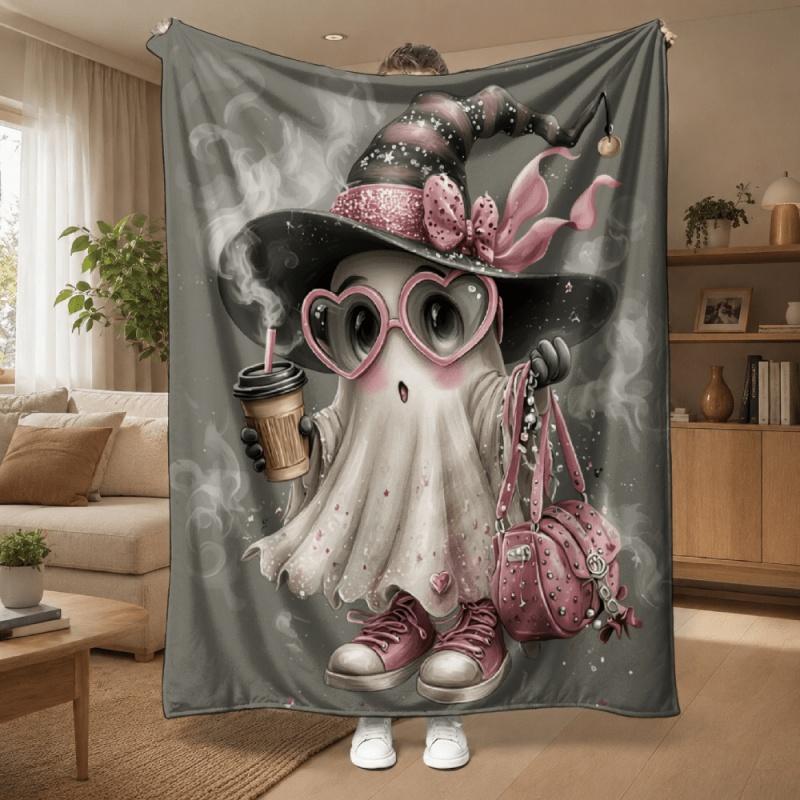 Pink Witch Ghost Throw Blanket, Cute Ghost Coffee Print Soft Plush Blanket for Halloween Home Decor