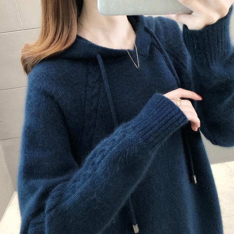 Hooded Sweater Women's Autumn and Winter Long Sleeved Knitted Sweater Loose and Lazy Style Hoodie Top Rest Pullover