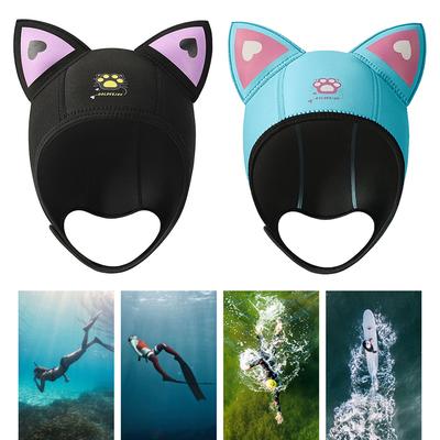 3MM Neoprene Diving Cap With Chin Straps Women Cute Cat Ears Waterproof Hat Wetsuit Hood Swimming Snorkeling Caps