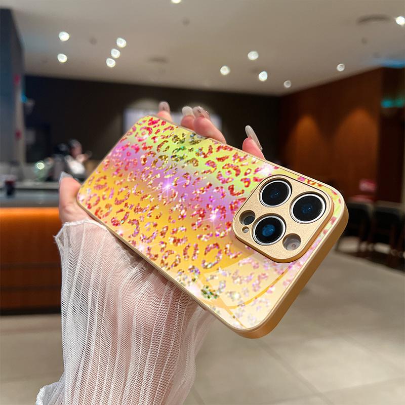 Premium electroplated glass phone case for iPhone 17, 16, 15, 14, 13, 12, 11pm Pro Plus. Iridescent leopard print gold.
