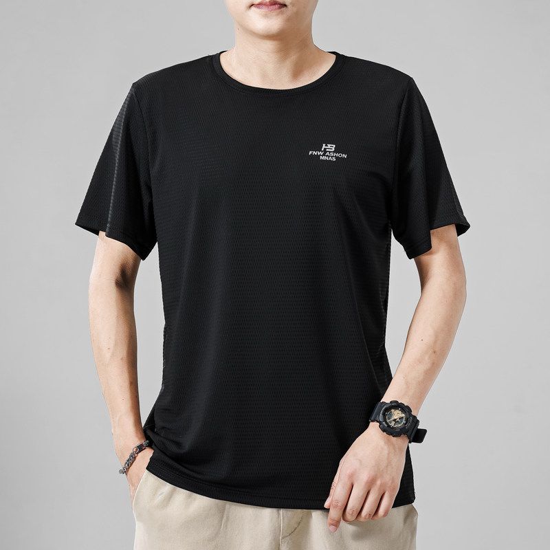 Summer High end Experience! Stretch on All Sides! Ice Silk Breathable T-shirt Men's Short Sleeve Top round Neck Foreign Trade Cut the Tag off Tide