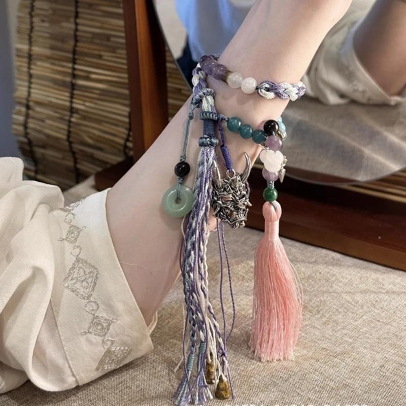 Colorful Tassels Bangle Ethnic Themed Bracelet Hand Woven Wristchain Jewelry Handcrafted Chinese Tibetan Wristband