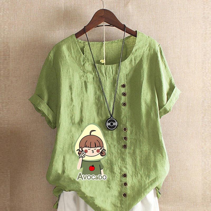 Women's Fashion Avocado Girl Prined Round Neck Short Sleeve T-shirt Casual Cotton Linen Graphic Shirt Leisure Loose Summer Blouse Tops Plus Size