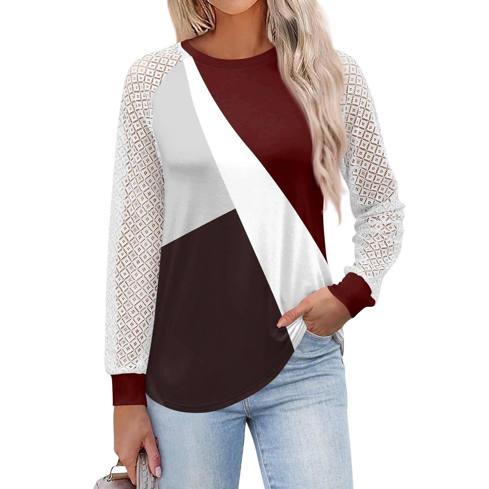 

Женские футболки с длинным рукавом, топы с круглым вырезом и кружевом, повседневные блузки, модные топы XXXL