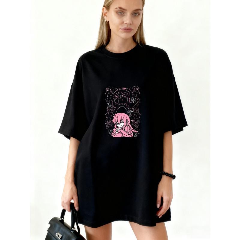 Oversized T Shirt Black Anime Girl With Pink Hair And Gothic Design For Casual Wear And Street Style