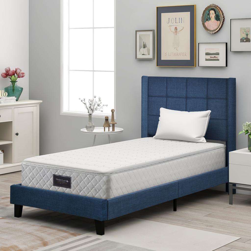 Upholstered Bed with Upholstered Headboard, Single Bed with Slatted Frame, 90x200cm, in Blue Linen, Medium-Firm (With Pocket Spring Mattress)
