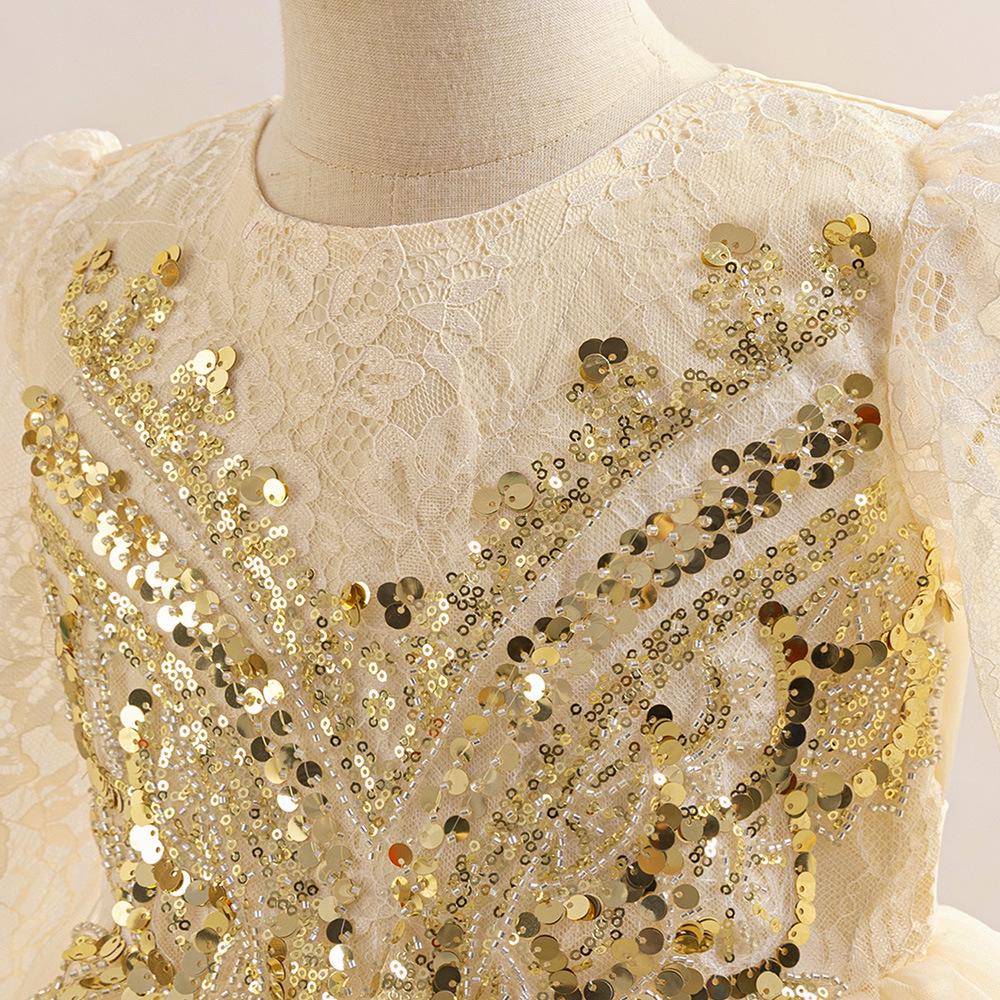 Children's Formal Princess Evening Gown - Sequined Embroidered Long Sleeve Lace Dress