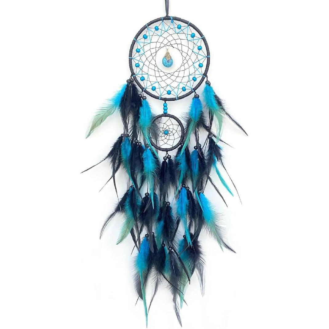 Black and Blue Dream Catcher Wall Decor Feather Dream Catchers with Pendant Handmade Dreamcatcher Wall Hanging Ornament for Bedroom Living Room Home