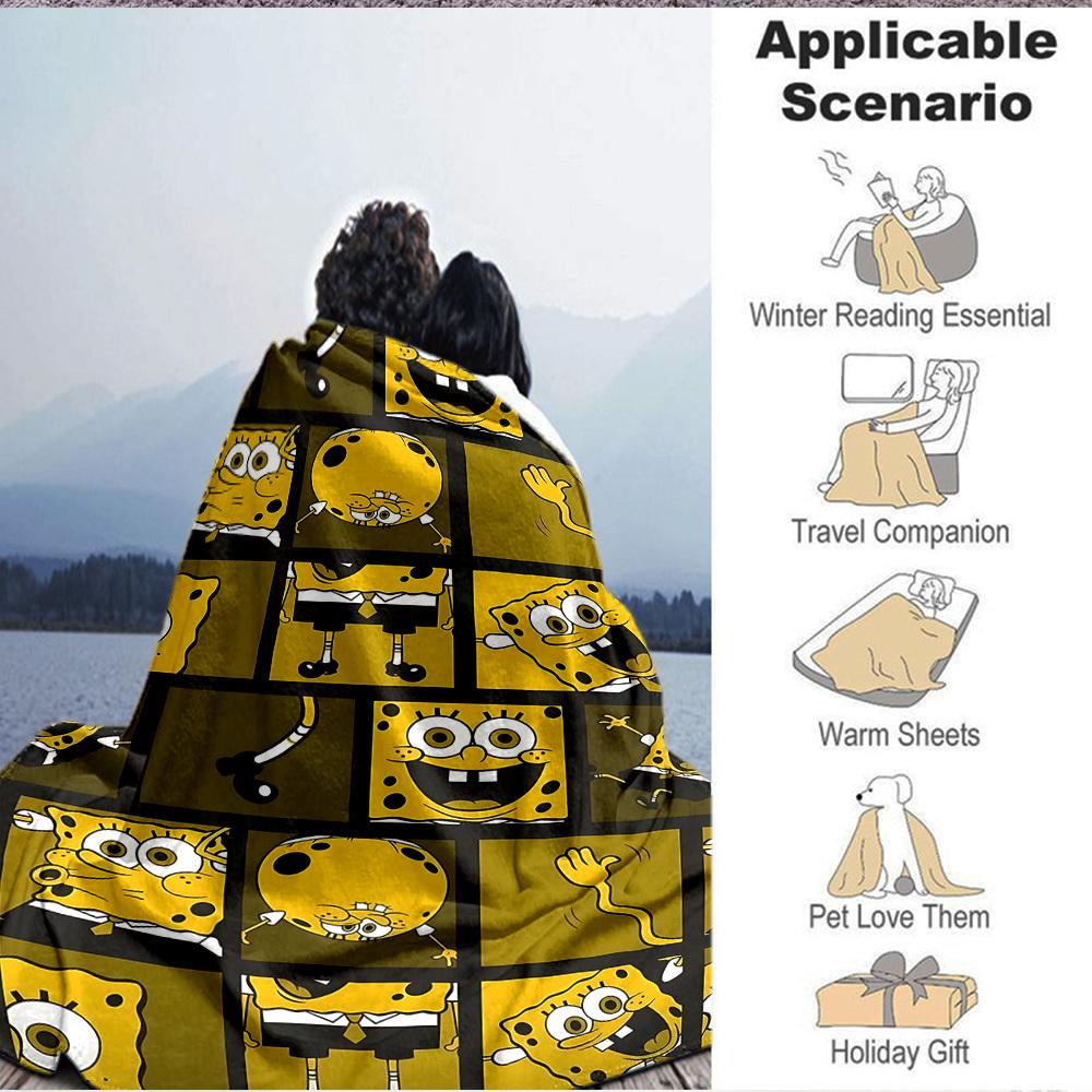 1 szt. Kocyk Flanelowy SpongeBob Kanciastoporty HD Nadruk Lekki Miękki Ciepły Koc na Każdą Porę Roku do Sofy, Łóżka, Podróży, Kempingu Można Prać w Pralce