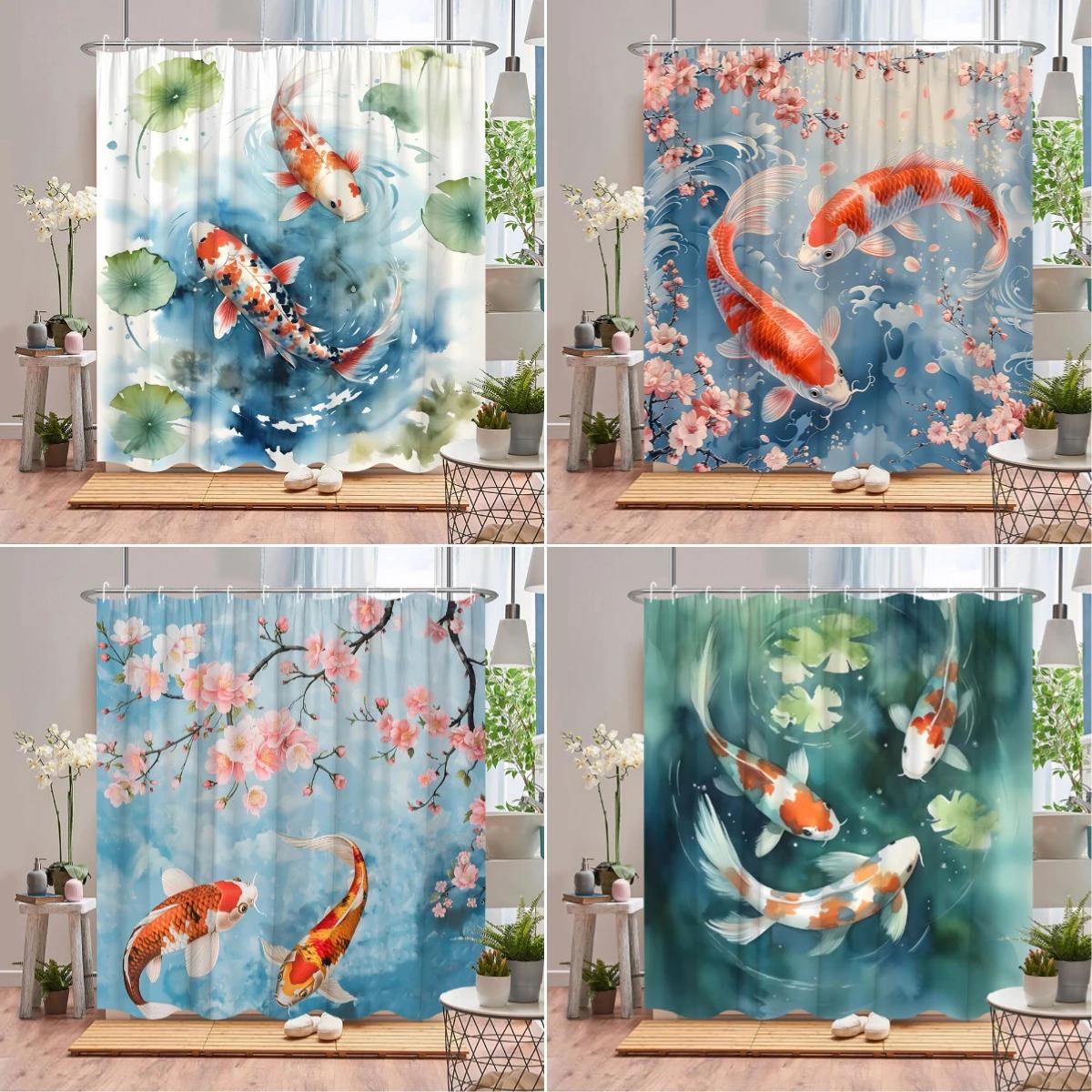 Monika Chen Koi Shower Curtain Asian Landscape Cherry Blossom Plant Pond Lotus Leaf Ink Painting Art Polyester Fabric Bathroom Decor Curtain