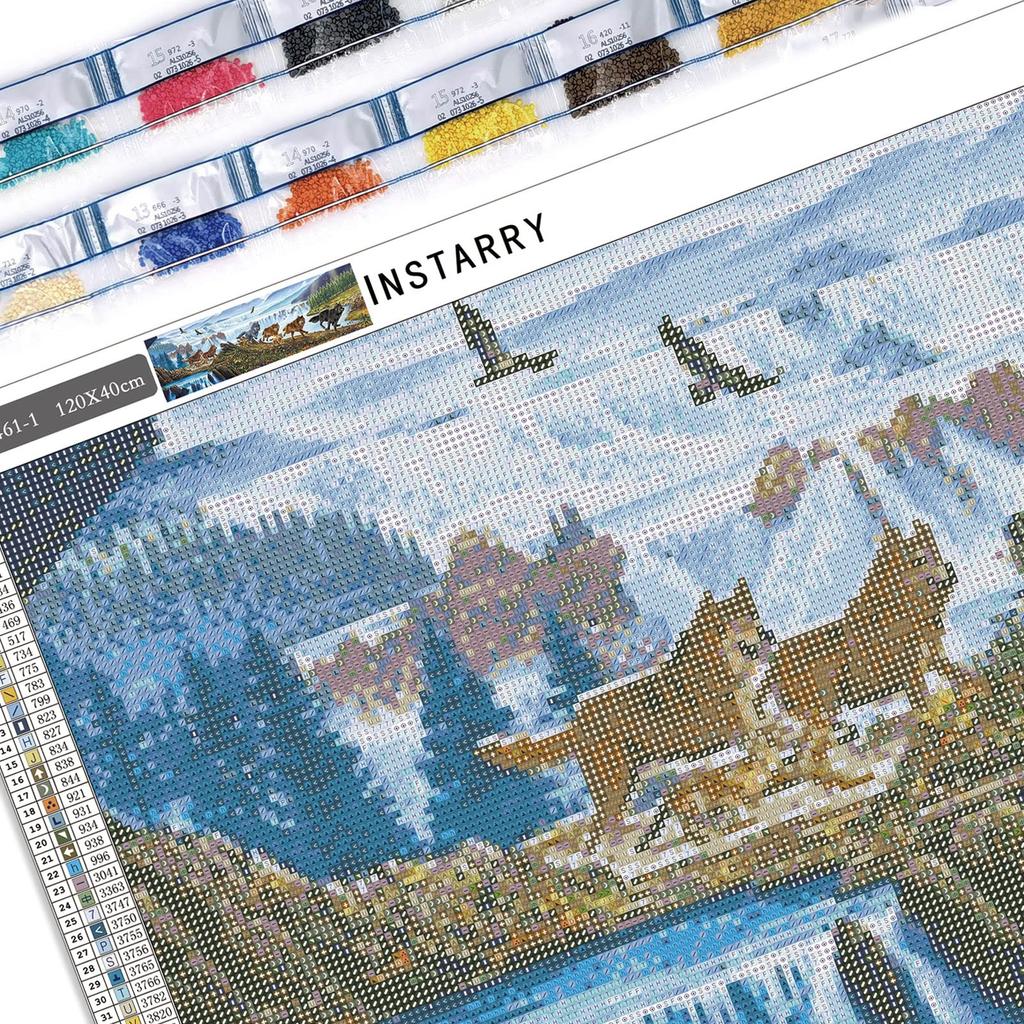 Instarry 5D Diamantmalerei-Set, Vollklebebild, Wanddekoration, Mosaik, Perlen, Handarbeitsset, Wolf und Wasserfall, 120x40 cm
