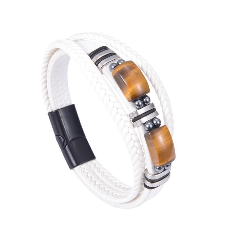 Men's Tiger Eye Woven Leather Bracelet - European & American Retro Style with Stainless Steel Handmade Jewelry.