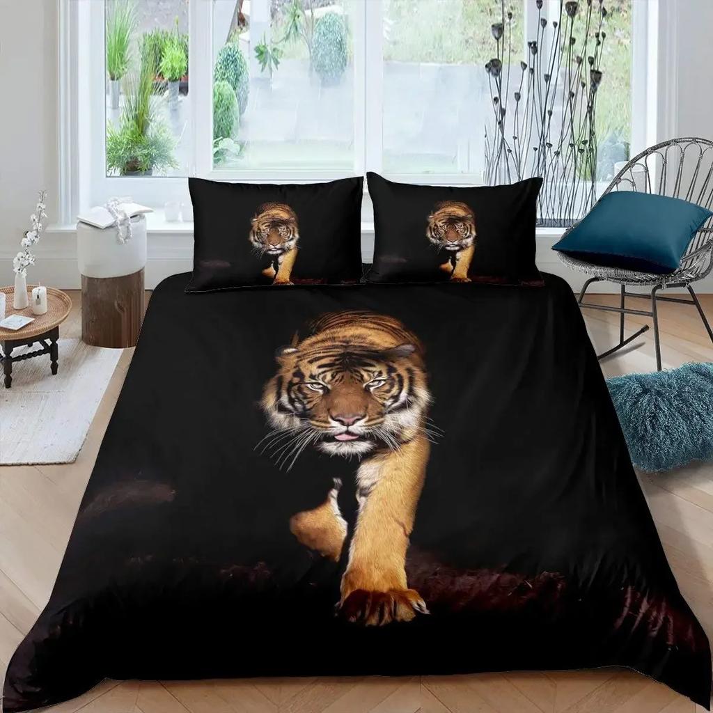 White Tiger Red Rose King Queen Duvet Cover Africa Big Cat 3D Polyester Bedding Set for Adult Teen