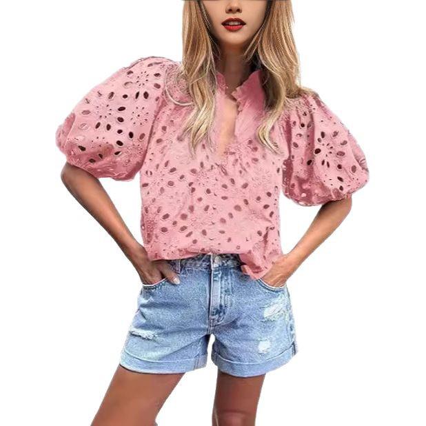 Women's V-Neck Lace Embroidery Lantern Sleeve Summer Top
