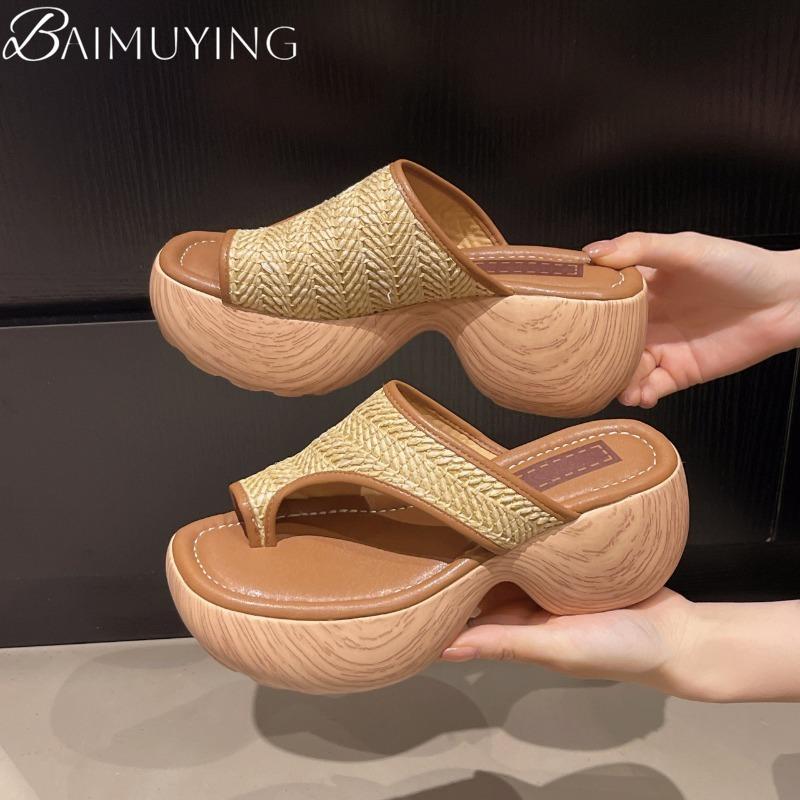 Women Square Toe Slippers Platform Sandals Clip Toe Casual Shoes 2025 Trend Summer Wedges Pumps Shallow Weave Flip Flops Mujer