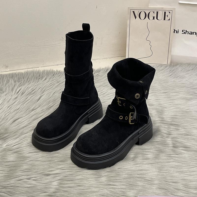 Skinny Versatile Short Boots Retro Martin Boots Women's New Season Suede Thick Heel Thick Bottom