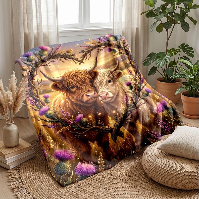 Highland Cows Art Theme Blanket Lightweight Warm Flannel Blanket Decorative Throw Blanket for Home Decoration