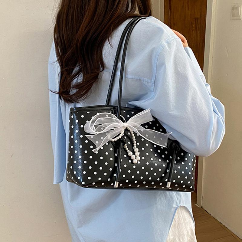 Korean Style Polka Dot Shoulder Bag For Women Elegant Underarm Bag With Pearl Bow Decor Large Capacity Daily Commuter Handbag